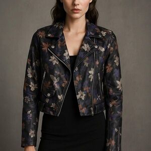 Sam Edelman Floral Black Faux Leather Moto Jacket Sz large
